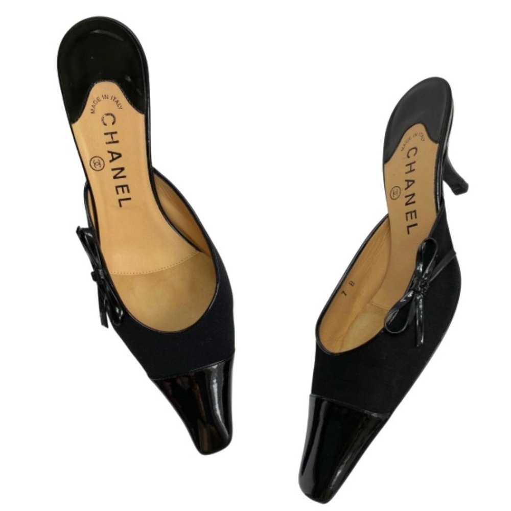 CHANEL Black Cap Toe Kitten Bow Heel Mules - 37